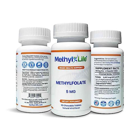 Methyl-Life - L-Methylfolato Puro 5 mg – Fólico Ativo. 3 Meses de Fornecimento. Mastigáveis. Livre de Transgênicos. Sem Glúten