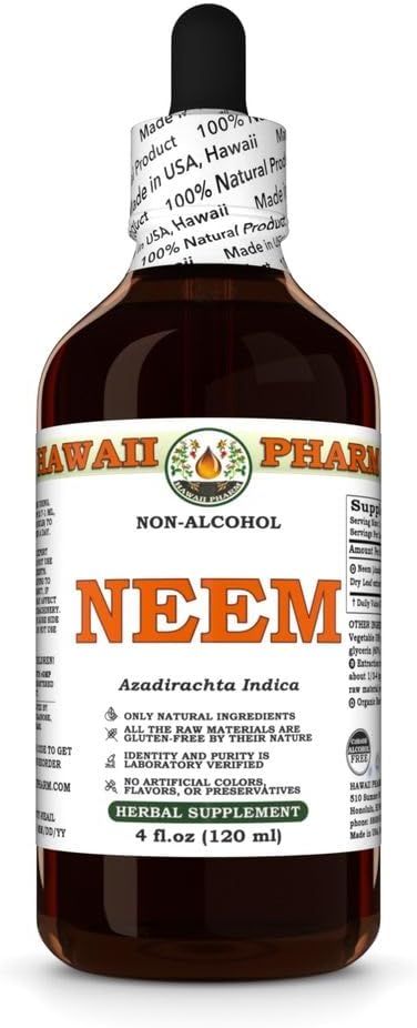 Neem Líquido Extrato Sem Álcool, Neem Orgânico (Azadirachta Indica) Folha Seca Glicerito Suplemento Herbal Natural, Hawaii Pharm, EUA 120 ml