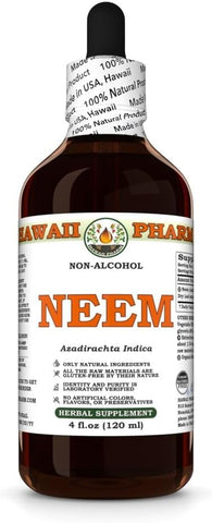 Neem Líquido Extrato Sem Álcool, Neem Orgânico (Azadirachta Indica) Folha Seca Glicerito Suplemento Herbal Natural, Hawaii Pharm, EUA 120 ml