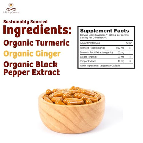 Infinity Greens - Cápsulas de Cúrcuma Infinity | Suplemento de Curcumina de Alta Potência | Cúrcuma Orgânica Certificada pelo USDA com Pimenta Preta e Gengibre | Cru, Vegano e Livre de Glúten | 100% Natural
