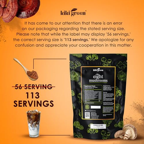 8 Mushrooms Powder Extract – Blend 8 oz – Lion’s Mane, Turkey Tail, Reishi, Chaga, Cordyceps, Maitake, Shiitake – para Foco – Produto de Cogumelos em Pó – 8g - KIKI Green