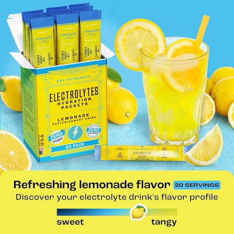 Pacotes de Pó de Eletrólitos Limonada Refrescante 20 Pacotes de Hidratação – Pó de Hidratação para Viagem – Sem Açúcar, Sem Calorias, Sem Glúten – Fabricado nos EUA - KEY NUTRIENTS