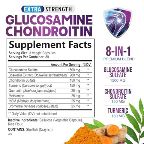 Health Nutrition Naturals - Suplemento Complexo MSM com Glucosamina, Condroitina, Cúrcuma, Boswellia e Quercetina para Articulações, Costas, Mãos, Ossos e Joelhos – Marca em Destaque