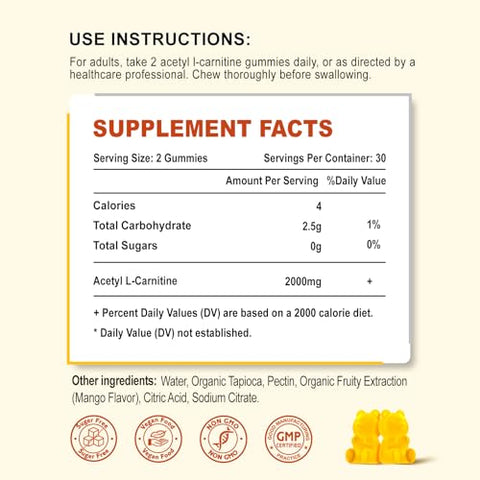 Zetelixia - Gomas de Acetil L-Carnitina 2000mg, Suplemento de L-Carnitina para Promover a Oxidação de Ácidos Graxos, Suplemento Nutricional para Aumentar a Energia e a Imunidade