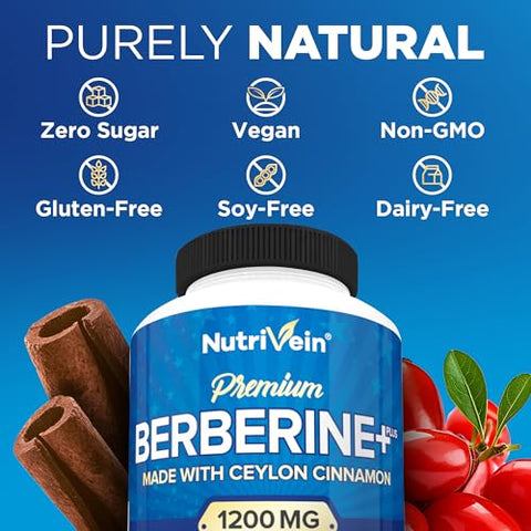 Premium Berberine HCL 1200mg + Canela Ceylon Orgânica – 120 Cápsulas – Suporte ao Sistema Imunológico e Gerenciamento de Peso – Suplemento Berberine HCI - Nutrivein