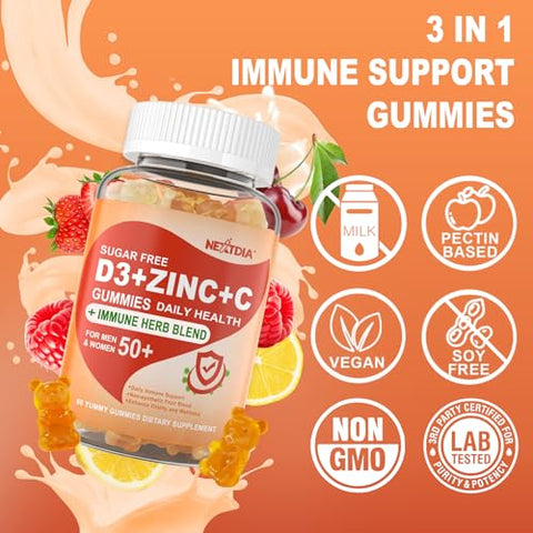 Nextdia - Gomas de Vitamina C D3 Zinco sem Açúcar para Adultos 50+, Suplemento Imunológico 9 em 1 com D3 5000UI, Sabugueiro, Equinácea, Folha de Verbasco para Fortalecer a Imunidade, Poder