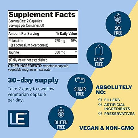 Life Enhancement - Suplemento de Potássio Cardio Natural – 750 mg de Potássio / 500 mg de Taurina por Porção – 120 Cápsulas de Potássio