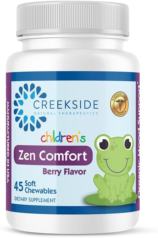 Creekside Natural Therapeutics - Zen Comfort for Kids: Suporte Orgânico ao Humor com 5-HTP, L-Teanina, Passiflora, Zinco, Fórmula Pediátrica para Calma, Sem Açúcar, Vegano, Sabor de Frutas Vermelhas, 45 Mastigáveis Macios