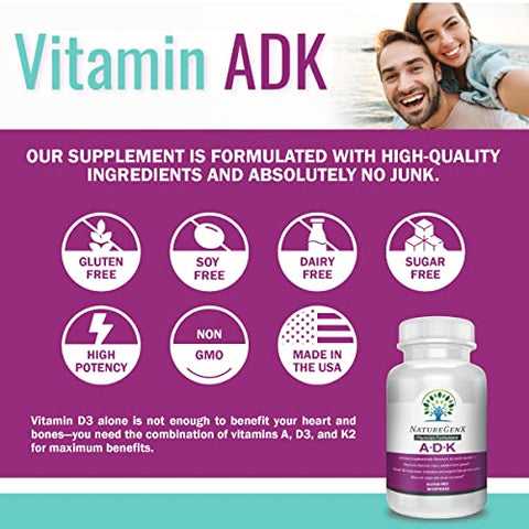 NatureGenX - ADK Vitaminas 5000 UI – Alta Potência para Saúde Óssea e Absorção de Cálcio | Sem Glúten, 60 Dias de Suprimento, 60 Cápsulas