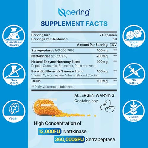 Naering - Liposomal Nattokinase 12.000 FU Serrapeptase 360.000 SPU – Enzimas e Nutrientes Sinérgicos – Fórmula Enriquecida