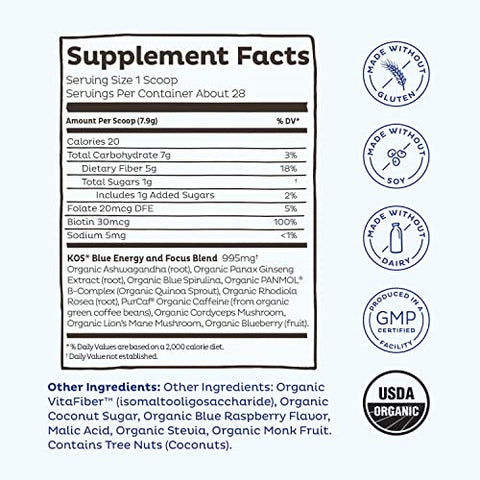 Energizing Blue Spirulina Blend – Certificado Orgânico USDA – Vitaminas do Complexo B, Ashwagandha, Ginseng, Adaptógenos, Biotina – Pré-treino Vegano em Pó – Cafeinado, Sabor de Frutas Vermelhas, 28g - KOS