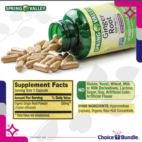 ChoiceBundle - Spring Valley Cápsulas de Suplemento Digestivo de Raiz de Gengibre 550 mg 100 Ct 4 pk Pacote Escolha (400 Total) Guia “Vitalidade Vitamínica” e Recipiente de Comprimidos (6 Itens)