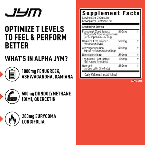 JYM Supplement Science - Alpha JYM Suporte de Testosterona | Vitalidade Masculina, Otimização Hormonal, Ashwagandha, Fenugreek, Eurycoma, Damiana, Quercetina, DIM | JYM Supplemental Science | 180 Cápsulas Vegetarianas