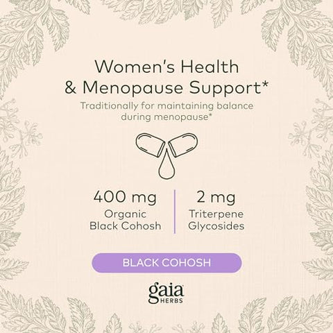 Black Cohosh – Suporte para Menopausa com Equilíbrio Hormonal e Saúde para Mulheres – com Black Cohosh Orgânico – 60 Cápsulas Líquidas Veganas de Fitoterapia (30 Dias) - Gaia Herbs