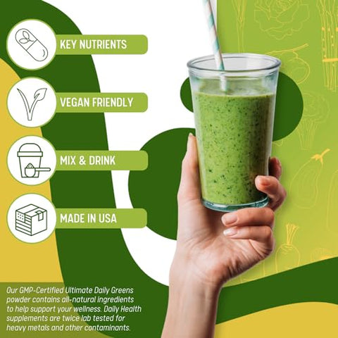 Daily Health - Ultimate Greens com MSM em Pó, Ingredientes Naturais Veganos, Livre de Glúten e Soja, Sem GMO, Bebida Nutricional de Vegetais Superfood Energizante Alcalinizante 227g 1 Pacote (1 Mês de Suprimento)