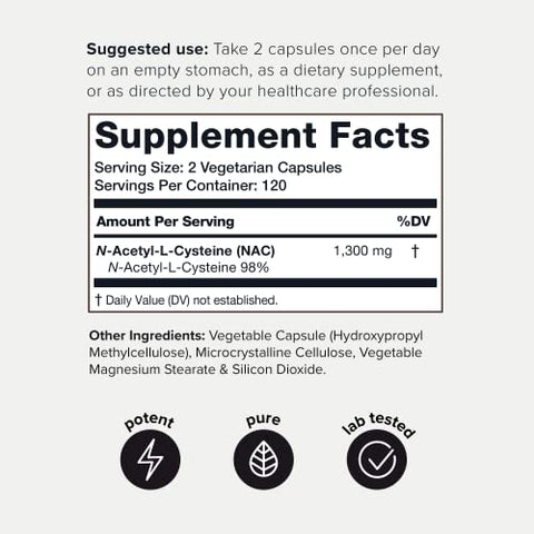 1300mg NAC – 4 Meses de Fornecimento – Pureza Testada Mín. 98%% – Suplemento de Cisteína NAC de Alta Potência e Bioacessibilidade – 240 Cápsulas Vegetarianas de N Acetil Cisteína – Testado em Laboratório TQ - Toniiq