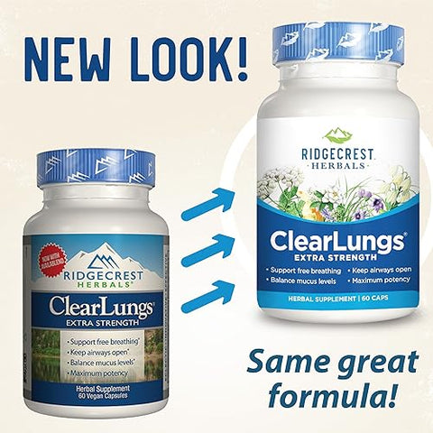 RidgeCrest Herbals - RidgeCrest Clearlungs Extra Strength Herbal Decongestant – 60 Cápsulas Vegetarianas – Potência Extra – Descongestionante Herbal – Marca RidgeCrest