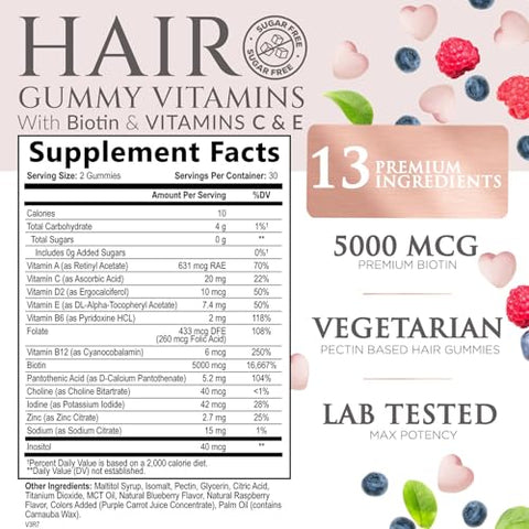 Nature's Nutrition - Vitaminas para Cabelo Livres de Açúcar em Gomas com Biotina 5000 mcg, Vitamina A, B12, C, D, E, Ácido Fólico, Suporta o Crescimento Capilar em Goma, Amigável para Vegetarianos, Suporta Cabelos Fortes e Bonitos
