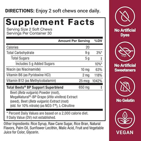 Suplementos Force Factor Total Beets para Suporte à Pressão Arterial com Pó de Beterraba, Mastigáveis de Beterraba Saborosos para Energia Saudável do Coração e Aumento de Óxido Nítrico, 60 Mastigáveis