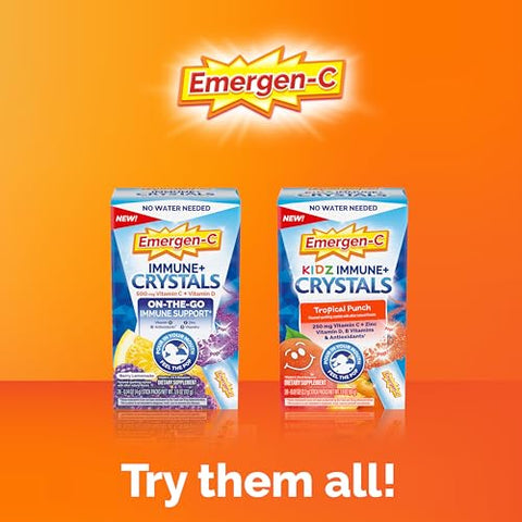 Kidz Immune Plus Crystals – Suplemento de Suporte Imunológico On-The-Go com Vitamina C, Vitamina D, Vitaminas do Complexo B, Zinco e Manganês, Sabor Tropical Punch – 28 Sachês Stick - Emergen-C