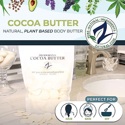 Manteiga de Cacau Crua Desodorizada Grau Alimentício | 100% Pura-Primeira Pressão | Base para Loção DIY, Creme Corporal, Gloss Labial. (16 Ounce Wafers Desodorizados) - Zatural