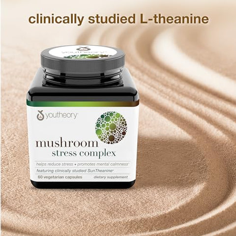 Mushroom Stress Complex – Cogumelo Orgânico de Espectro Completo com L-Teanina, Reduz o Estresse e Promove Calma Mental, 60 Cápsulas Vegetarianas - Youtheory