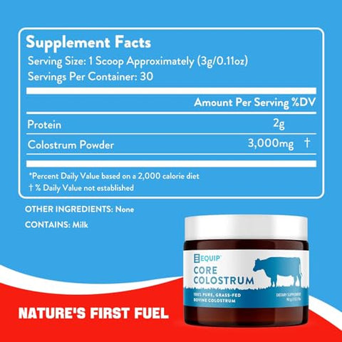 Foods Core Colostrum – Pó de Colostro 100% Grass Fed 3.000mg – Saúde Intestinal, Imunidade, Recuperação – Suplementos de Lactoferrina – Suplemento de Colostro Amigável ao Keto – 30 - Equip