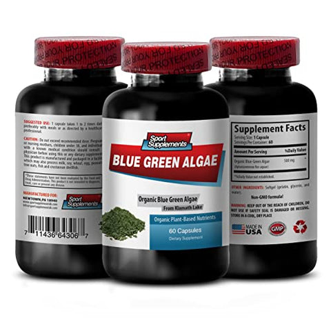Sport Supplements - Cuidados com a pele herbal com Superfood Verde do Lago Klamath – Alga Azul Verde 500mg, Pó de Alga Azul Verde, Cápsulas de spirulina e chlorella, spirulina Alga Azul Verde