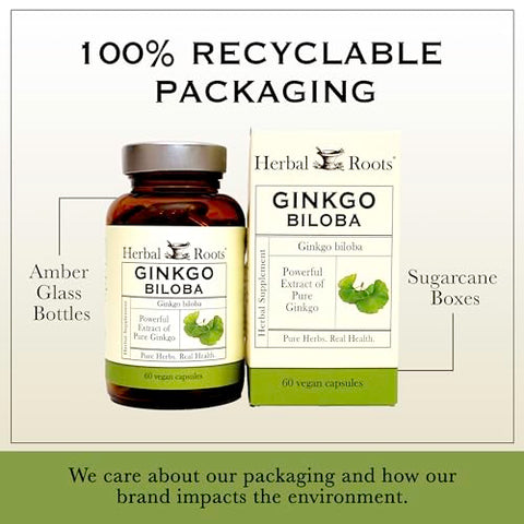 Ginkgo Biloba Herbal Roots – Folha de Ginkgo Pura Orgânica – 1.400mg por Porção, 60 Cápsulas Veganas