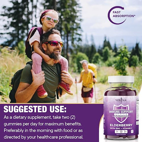 Gummies de Suporte ao Sistema Imunológico NEW AGE – Gummies de Sabugueiro Negro Sambucus com Vitamina C e Zinco (Suporte Imunológico 120 Gummies)