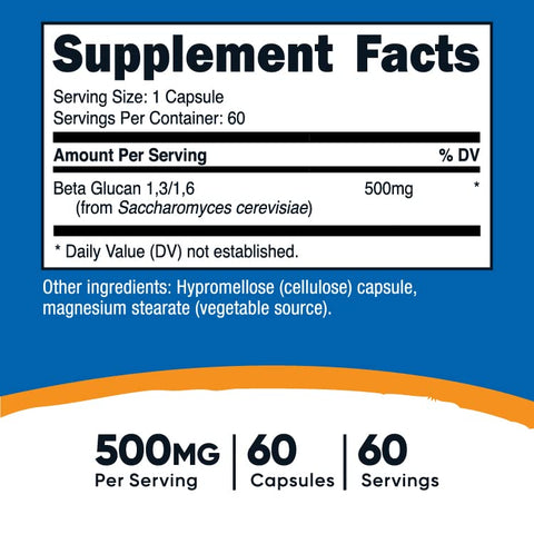 Beta Glucan 500mg 1,3/1,6 D-Glucan – 60 Cápsulas Vegetarianas – Livre de Glúten, Não-OGM - Nutricost