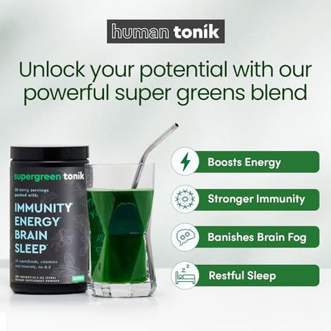 SUPERGREEN TONIK - 100%% Natural Greens Superfood Powder – Superalimento Diário com 38 Superfoods, Vitaminas e Minerais – Suporte para Energia, Estresse e Imunidade – 30 Dias 360 Gramas Sabor de Frutas Vermelhas (1 Tubo)