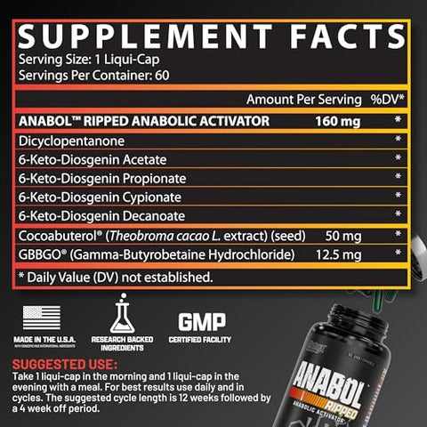 Anabol Ripped – Construtor Muscular Anabólico para Homens, Suplemento 2 em 1 para Ganho de Massa Muscular e Definição, (60 Cápsulas) - Nutrex Research