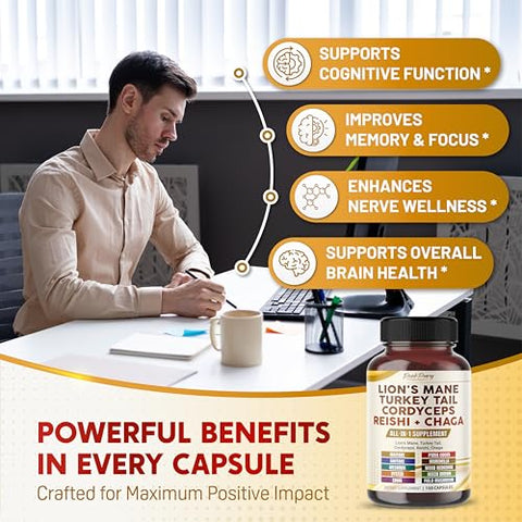 PEAKPURY - Lion’s Mane 6000mg Turkey Tail 6000mg Cordyceps 3000mg Reishi 3000mg Chaga 3000mg – Suporte Geral ao Bem-Estar – Fabricado nos EUA