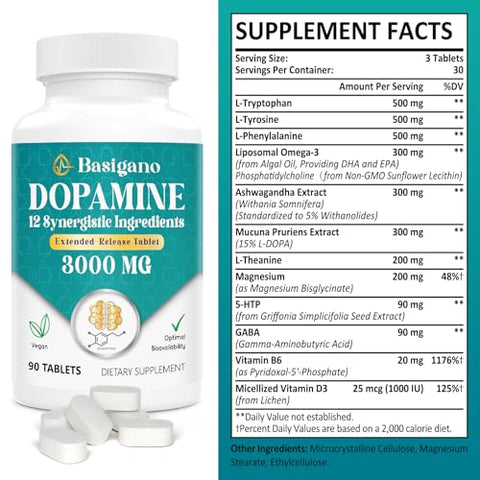 Basigano - Suplemento Natural de Dopamina para Energia, Foco, Motivação, Alerta Mental, Humor e Estresse – Sem OGM, Sem Glúten – 90 Comprimidos