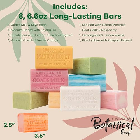 Australian Botanical Soap - Sabonete Botânico Australiano, Sabonetes de Óleo de Plantas Pura, Kit com 8 Barras de Sabonete | 187g Barras de Sabonete com Ingredientes Naturais | Todos os Tipos de Pele | Mulheres