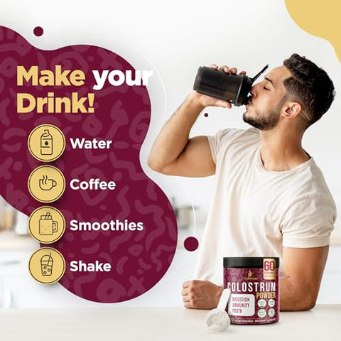 InstaSkincare - Pó de Colostro Bovino – Puro Colostro Bovino para Humanos – Suplemento de Colostro Alimentado com Grama para Suporte Intestinal, Saúde Imunológica e Crescimento Capilar – Fabricado nos EUA 90g