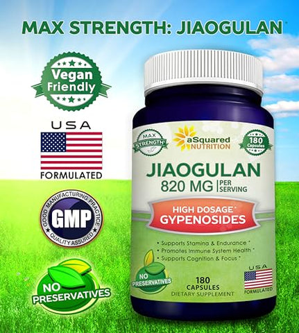 Jiaogulan – 180 Cápsulas com Extrato de Pimenta Preta – Ativador AMPK de Gynostemma Pentaphyllum, Cápsulas Adaptogênicas sem Cafeína, Raiz de Ginseng do Sul – Comprimidos Engajadores e Concisos - aSquared Nutrition