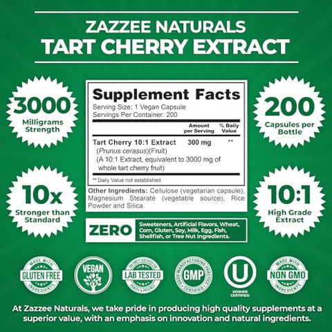 Extrato de Cereja Azeda 10:1, 3000 mg de Força, 200 Cápsulas Veganas, Suprimento de 6 Meses, Certificado Kosher, Extrato Concentrado e Padronizado 10X, 100% Vegetariano - Zazzee
