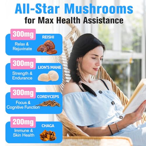 Dmeisy - Suplemento de Cogumelo 2600mg, Complexo de 20 Cogumelos, com Leão da Montanha, Cordyceps, Reishi, Cauda de Peru, Chaga – Suplementos para Memória e Concentração, Humor