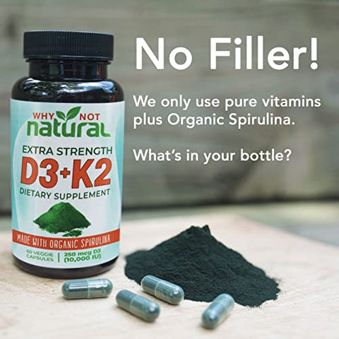 Why Not Natural - Vitamina D3 K2 (MK-7) com Spirulina Orgânica, 10000 UI Suplemento Extra Forte em Cápsulas Vegetais, Suporta Saúde Óssea, Sistema Imunológico e Humor