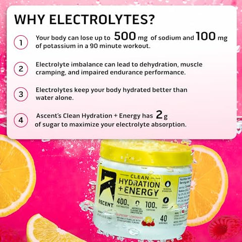 Clean Hydration Energy Pó de Eletrólitos – 100mg Cafeína, 400mg Eletrólitos, Sem Ingredientes Artificiais, Sabor Limonada Framboesa 40 Porções - Ascent