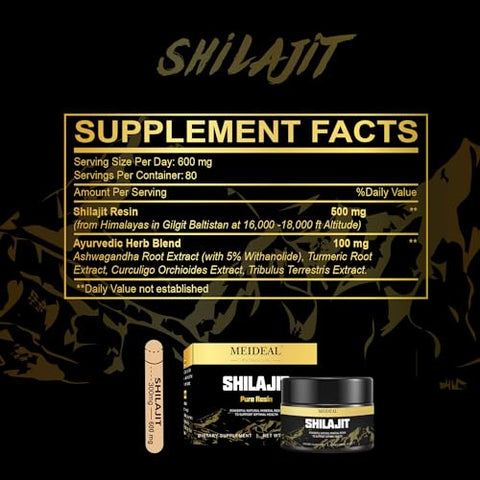 Meideal - Shilajit Puro Himalaia Orgânico Resina de Shilajit, Grau Ouro Resina de Shilajit com 85 Minerais Traços – 100% Natural e Poderoso