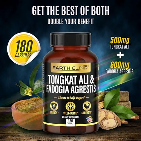 Earth Elixir - Fadogia Agrestis 600mg e Tongkat Ali 500mg – Suplementos (180 Cápsulas) – Fabricado nos EUA – Fornecimento de 3 Meses – Testado por Terceiros – Long Jack – Suplementos Tongkat Ali Fadogia Agrestis