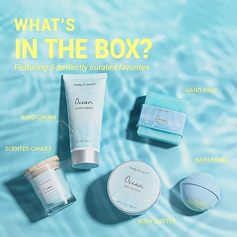 BODY & EARTH - Conjunto de Presentes para Mulheres: Kit de Banho e Corpo com 5 Peças Perfumadas de Spa com Aroma de Oceano para Mulheres, Inclui Vela Perfumada, Manteiga Corporal, Creme para as Mãos, Bomba de Banho, Presentes de Banho