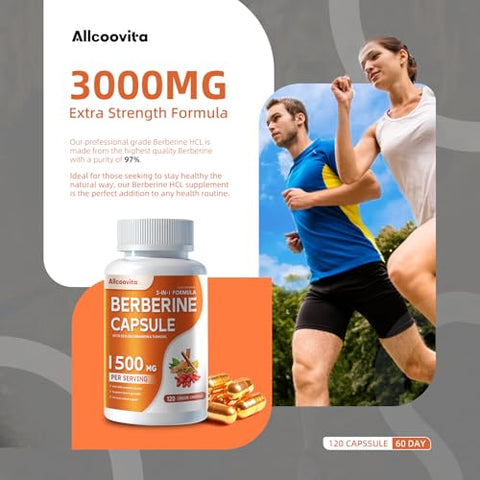 Allcoovita - Berberine Plus Cápsulas – 1500mg por Porção – 120 Unidades – HCI de Berberina – Canela Ceylon Pura – Suplemento de Raiz de HCI de Berberina