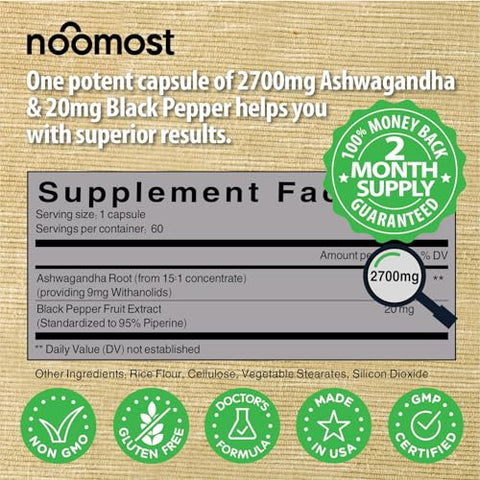 NooMost - Cápsulas de Ashwagandha Orgânica 2700mg c/ Extrato de Pimenta Preta 20mg como Suplementos Veganos de Ashwagandha para Alívio do Estresse, Suporte Natural ao Humor e Energia