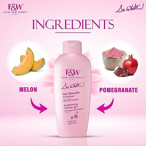 FAIR & WHITE - Gel de Banho Hidratante Diário So White Refreshing Brightening – 1000ml – Com Romã – Fair and White