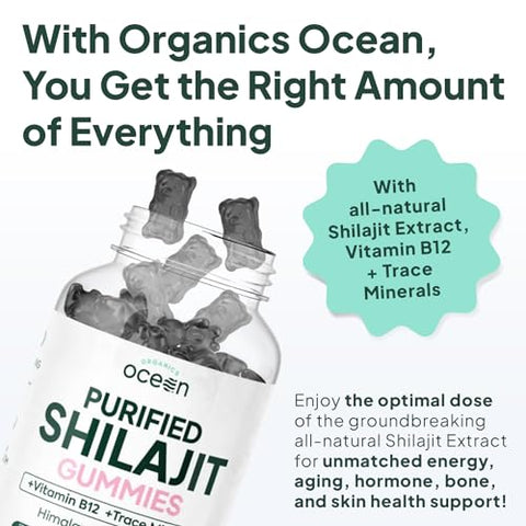 Organics Ocean - Shilajit para Homens e Mulheres – Suplemento Natural de Shilajit com Vitamina B12, Cromo e Selênio para Energia, Suporte Hormonal e Mais – 60 Gomas de Shilajit