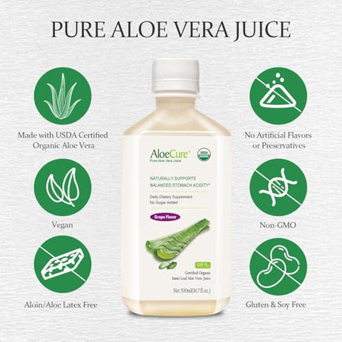 Suco de Aloe Vera Orgânico USDA Sabor Uva – 100% Natural Digestivo – 12 Horas Após Colheita - AloeCure